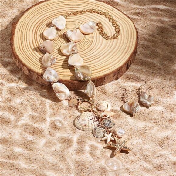 Boho Seashell and Pearl Beaded Necklace and Earrings Set – Beach Charm Jewelry - Picture 4 of 7
